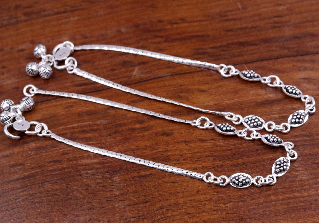 Handmade 925 sterling silver gorgeous anklets pair, excellent feet bracelet,stylish trendy oxidized design ankle charm bracelet india ank91 - TRIBAL ORNAMENTS