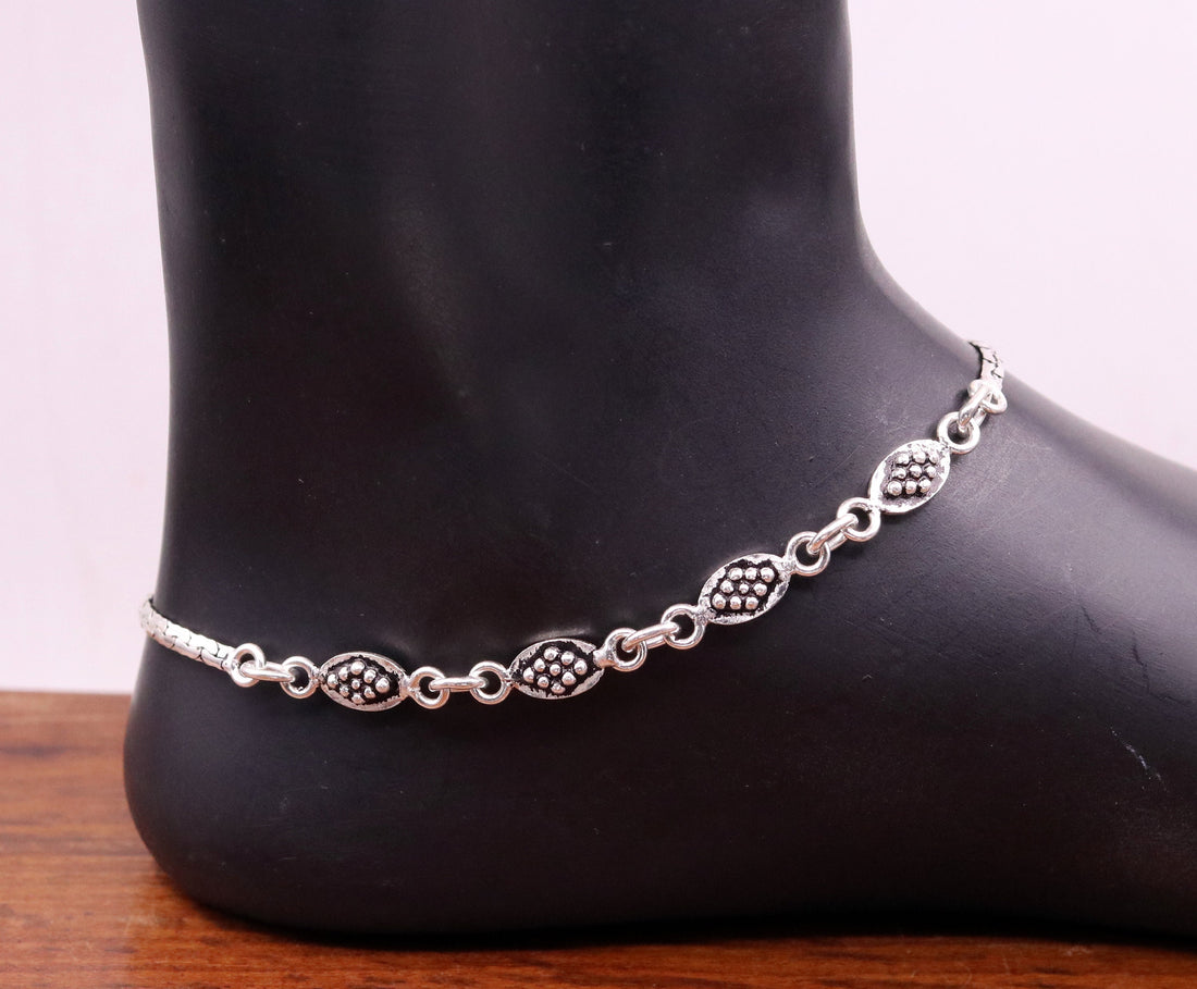 Handmade 925 sterling silver gorgeous anklets pair, excellent feet bracelet,stylish trendy oxidized design ankle charm bracelet india ank91 - TRIBAL ORNAMENTS