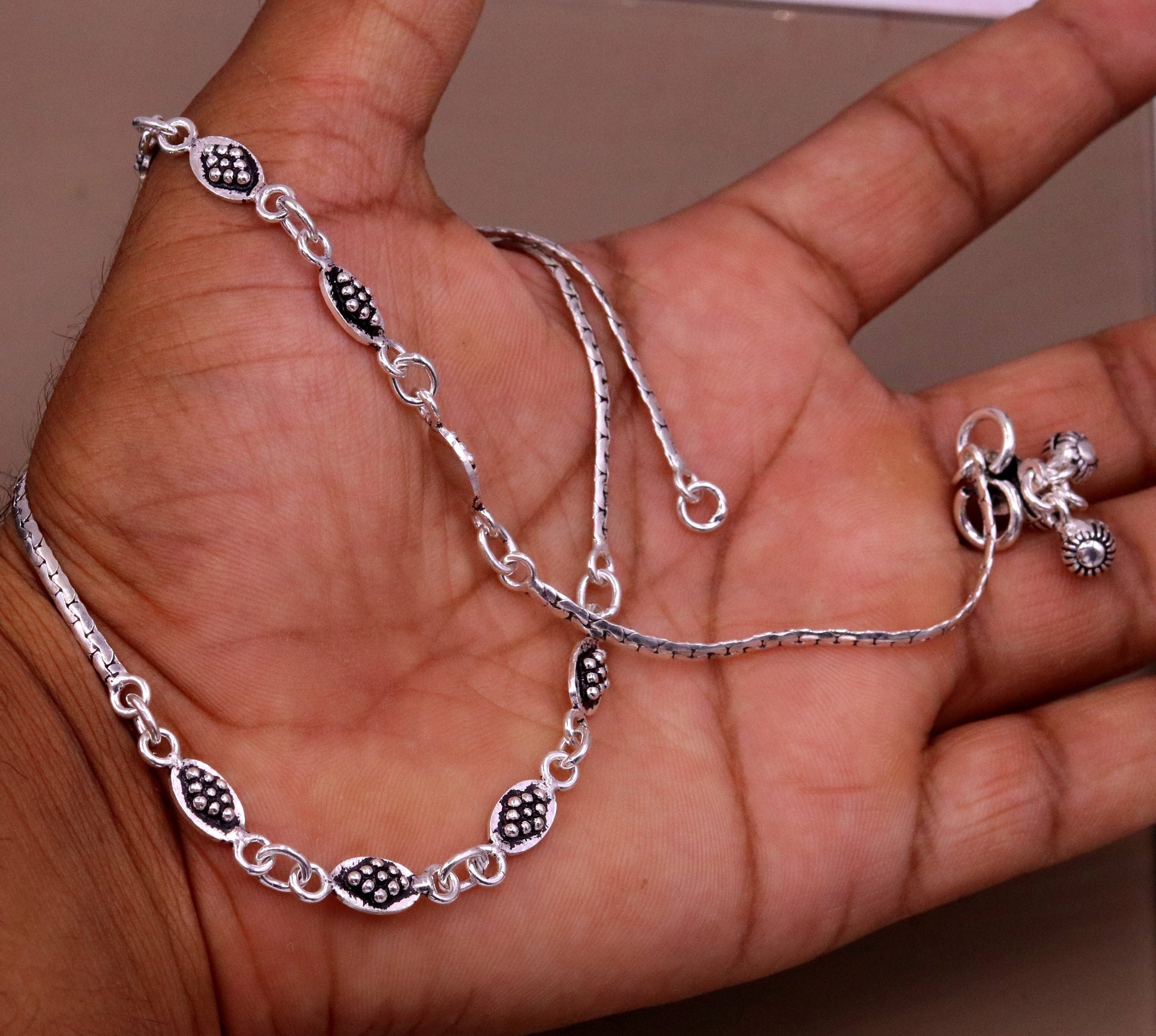 Handmade 925 sterling silver gorgeous anklets pair, excellent feet bracelet,stylish trendy oxidized design ankle charm bracelet india ank91 - TRIBAL ORNAMENTS