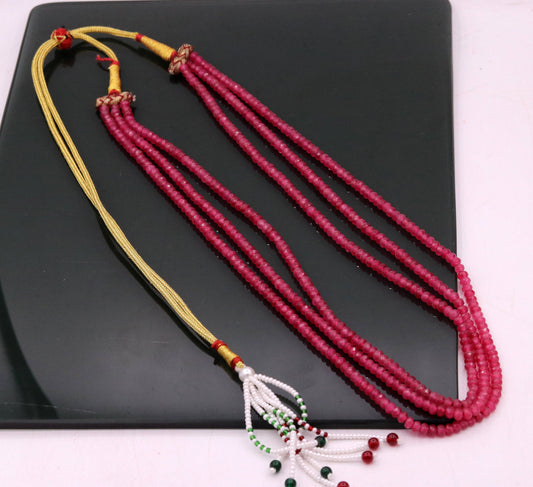 Vintage antique design handmade gorgeous rose pink Quartz 3 line necklace, excellent beaded charm necklace tribal jewelry from india qd03 - TRIBAL ORNAMENTS