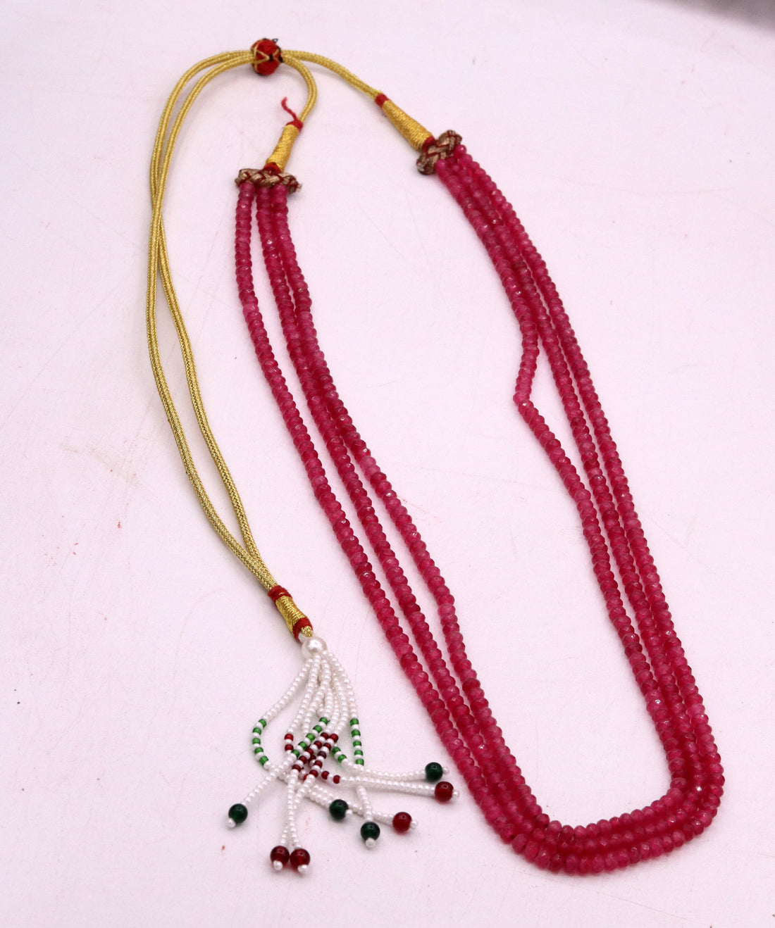 Vintage antique design handmade gorgeous rose pink Quartz 3 line necklace, excellent beaded charm necklace tribal jewelry from india qd03 - TRIBAL ORNAMENTS