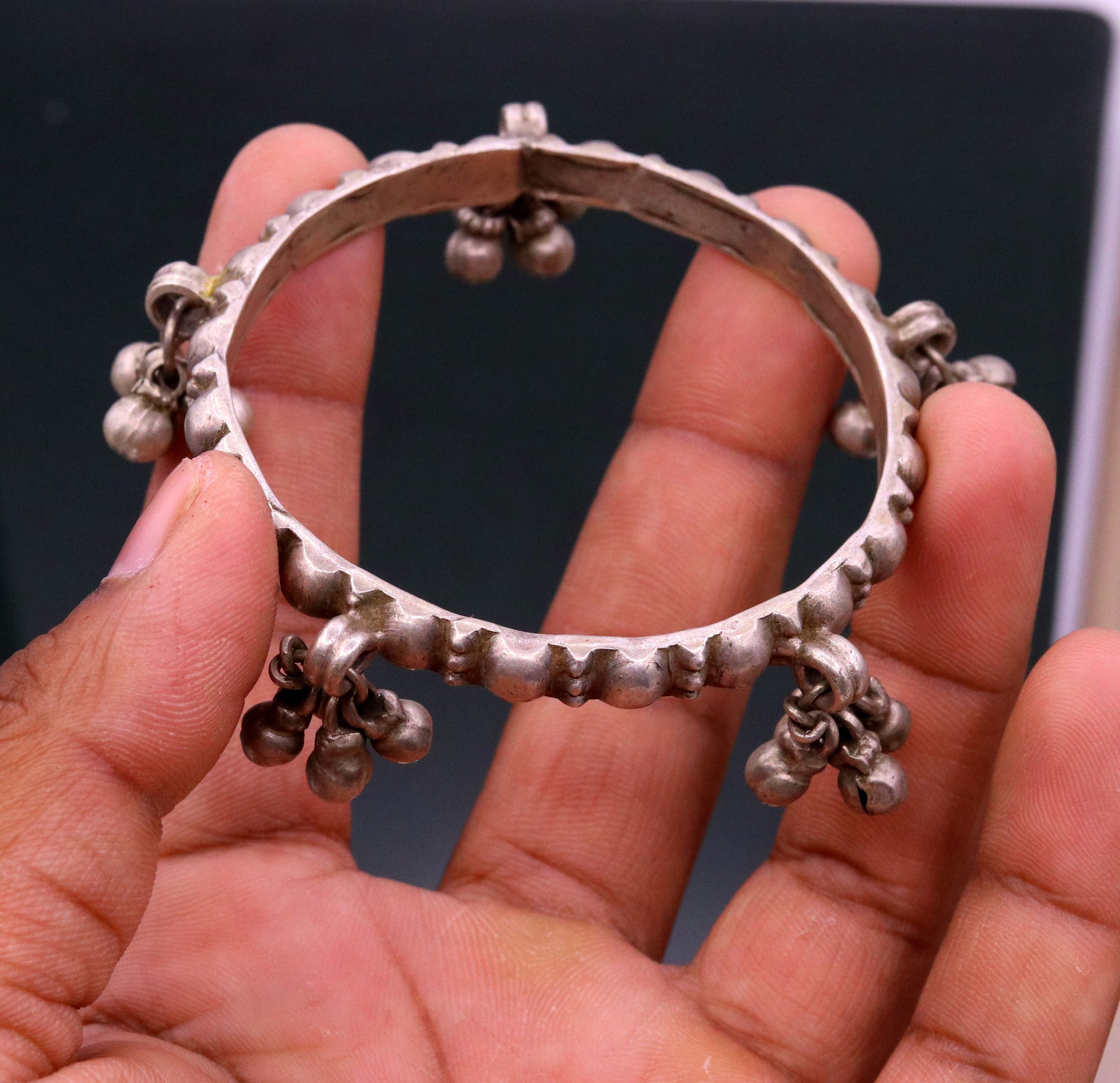 Indian traditional handmade solid sterling silver bangle bracelet for women's, excellent hanging bells charm bangle tribal jewelry sba16 - TRIBAL ORNAMENTS