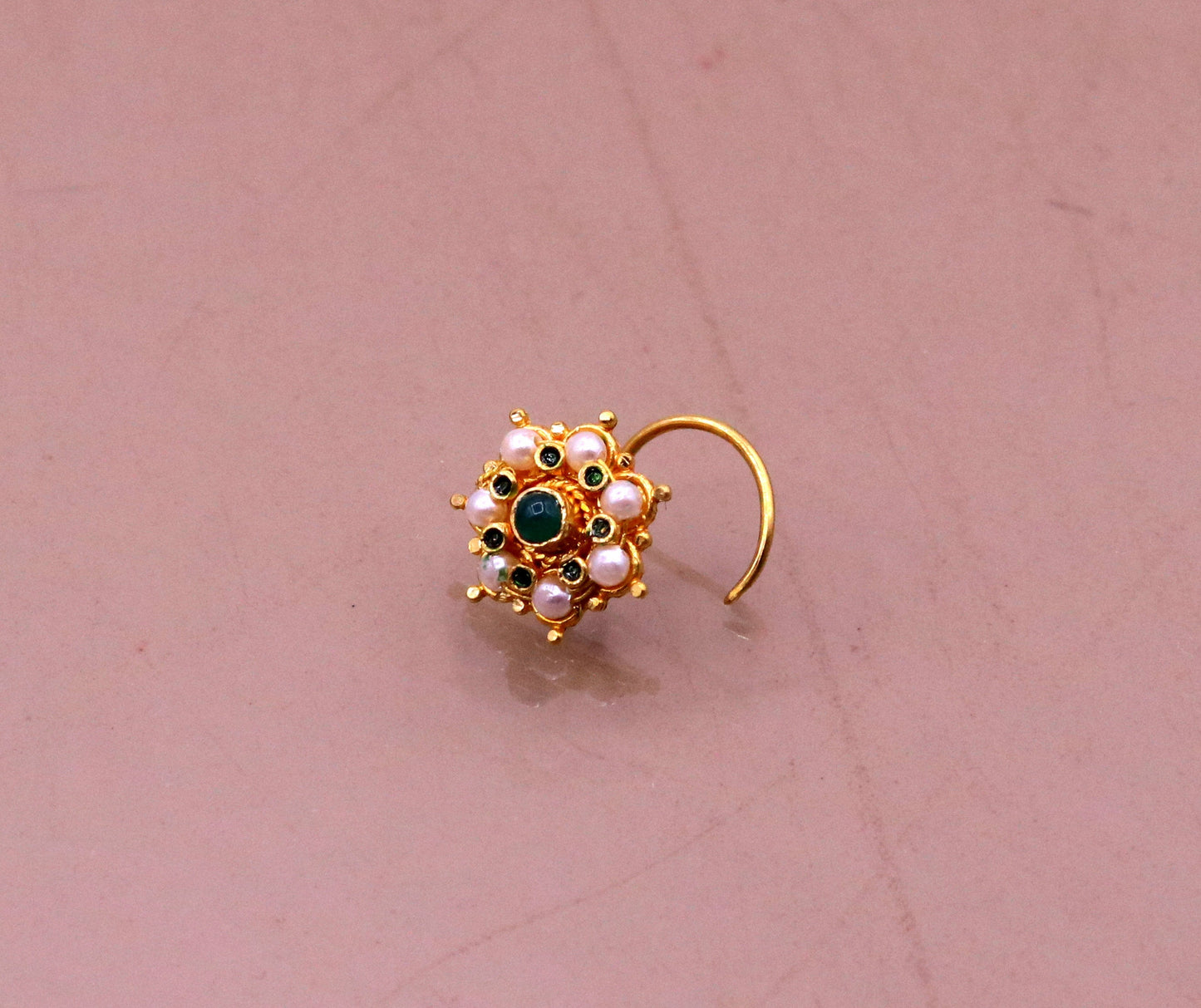 Vintage Antique design handmade gorgeous 20kt ct  yellow gold gorgeous nose pin stud with pretty tiny pearl and green onyx stone gnp22 - TRIBAL ORNAMENTS
