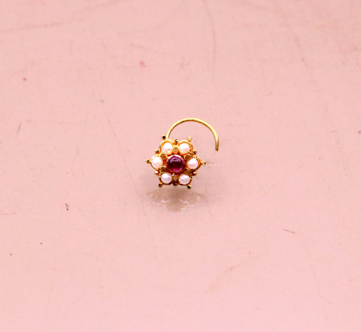 6mm white pearl and red stone fabulous 20kt yellow gold nose pin nose stud Indian vintage antique design handmade tribal jewelry gnp25 - TRIBAL ORNAMENTS