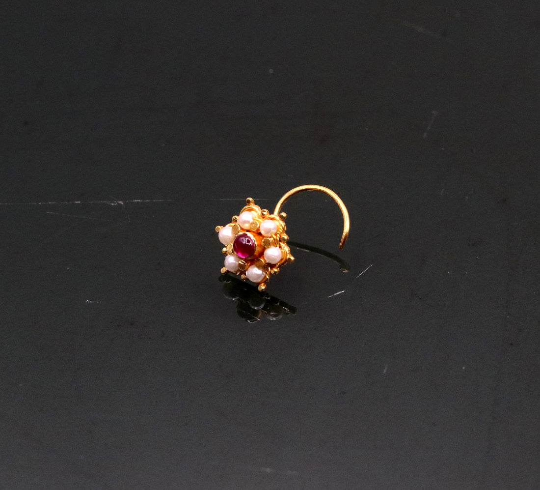 6mm white pearl and red stone fabulous 20kt yellow gold nose pin nose stud Indian vintage antique design handmade tribal jewelry gnp25 - TRIBAL ORNAMENTS