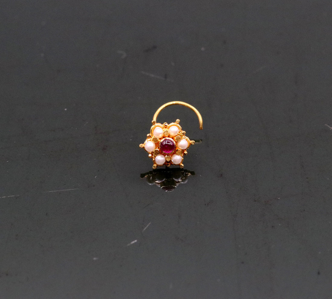 6mm white pearl and red stone fabulous 20kt yellow gold nose pin nose stud Indian vintage antique design handmade tribal jewelry gnp25 - TRIBAL ORNAMENTS