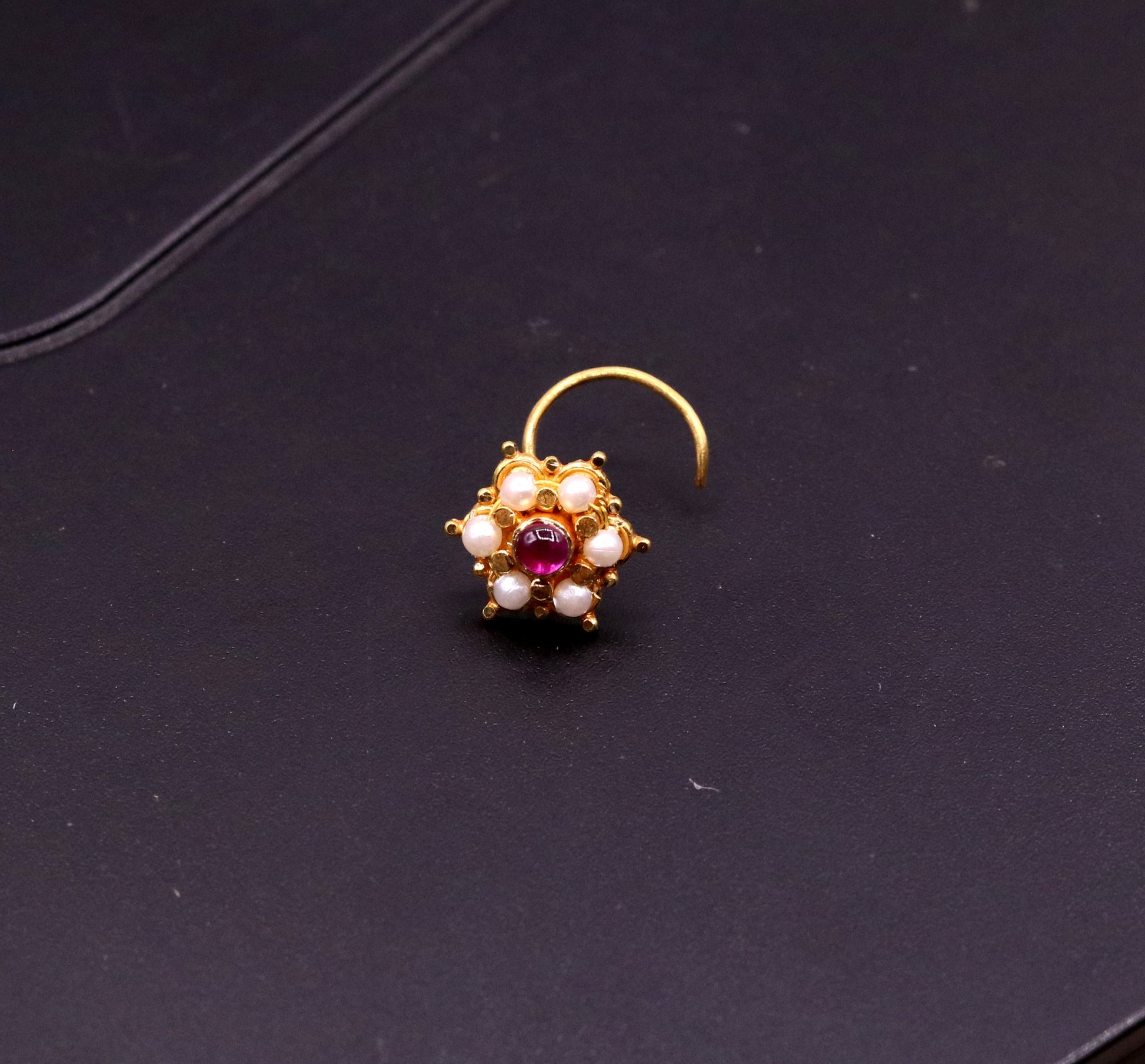 6mm white pearl and red stone fabulous 20kt yellow gold nose pin nose stud Indian vintage antique design handmade tribal jewelry gnp25 - TRIBAL ORNAMENTS