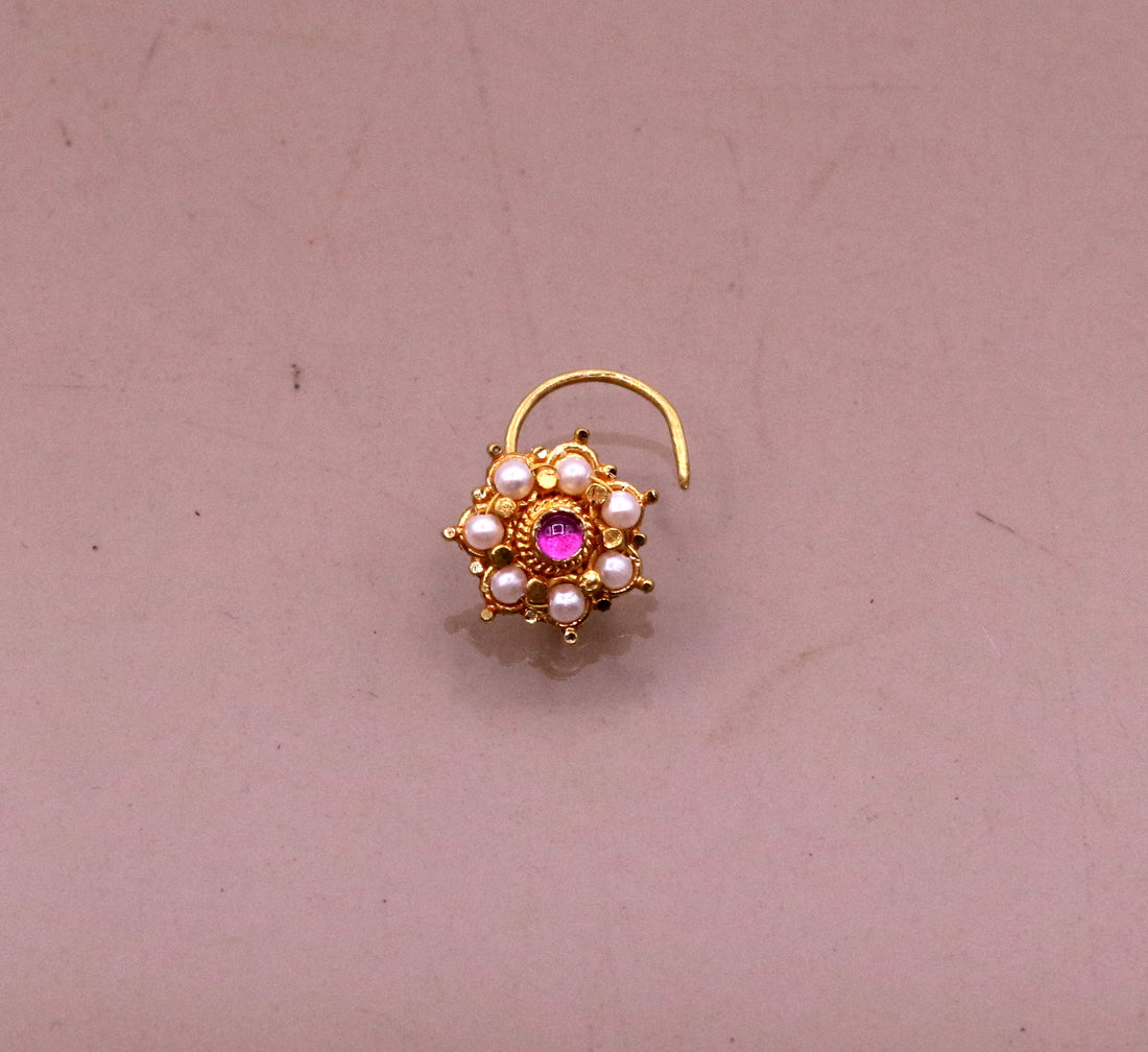 Awesome 6 white pearl and red stone 20kt yellow gold nose pin nose stud Indian vintage antique design handmade tribal jewelry gnp26 - TRIBAL ORNAMENTS