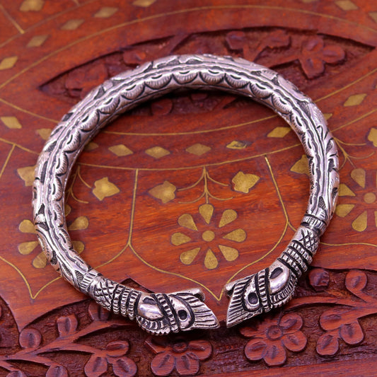 925 sterling silver handcrafted crocodile face vintage antique design chitai work bangle bracelet kada unisex ethnic tribal jewelry nsk230 - TRIBAL ORNAMENTS