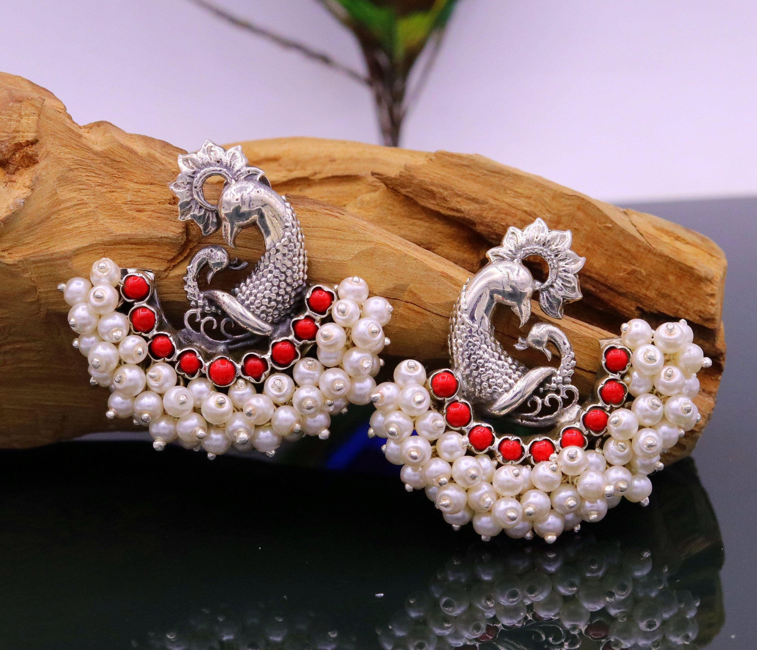 Paan Peacock Polki Stud Earrings with Red Meena