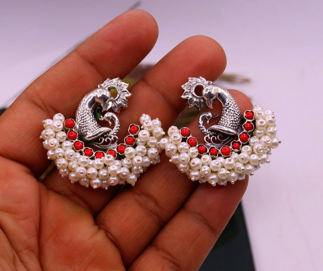 925 sterling silver handmade vintage antique design peacock stud earring fabulous hanging pearl and red coral stone earring jewelry s705 - TRIBAL ORNAMENTS
