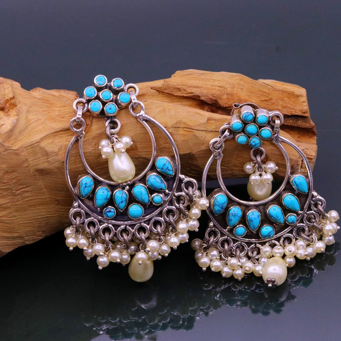 925 Sterling silver handmade fabulous pearl and turquoise stud earrings, best wedding brides collection charm earring dangler jewelry s710 - TRIBAL ORNAMENTS