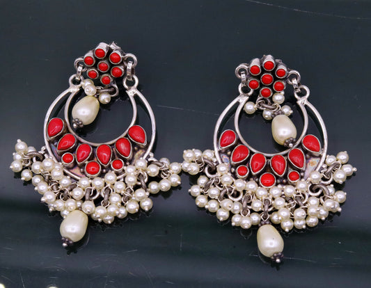 925 sterling silver handmade coral stone stud earring drop dangler , best design chandbala charm earrings hanging tiny pearl jewelry s711 - TRIBAL ORNAMENTS