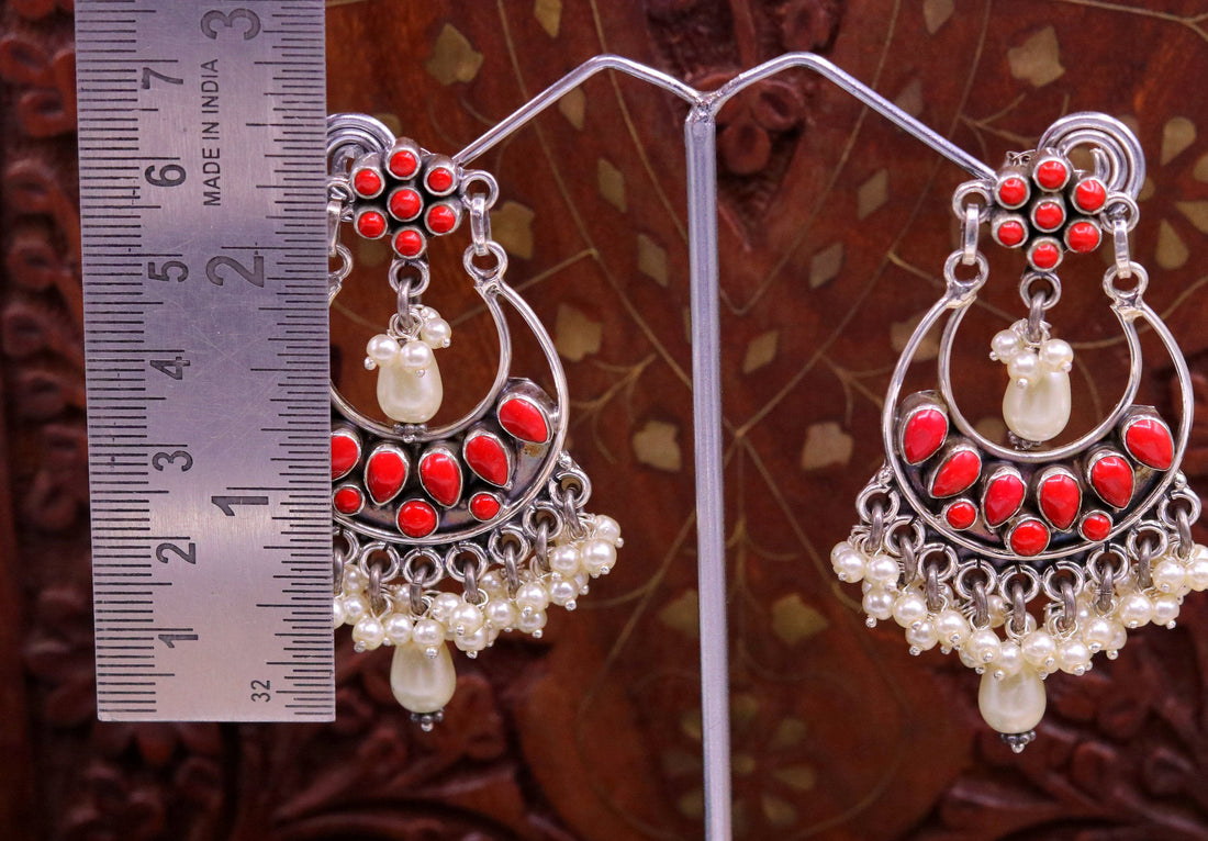 925 sterling silver handmade coral stone stud earring drop dangler , best design chandbala charm earrings hanging tiny pearl jewelry s711 - TRIBAL ORNAMENTS