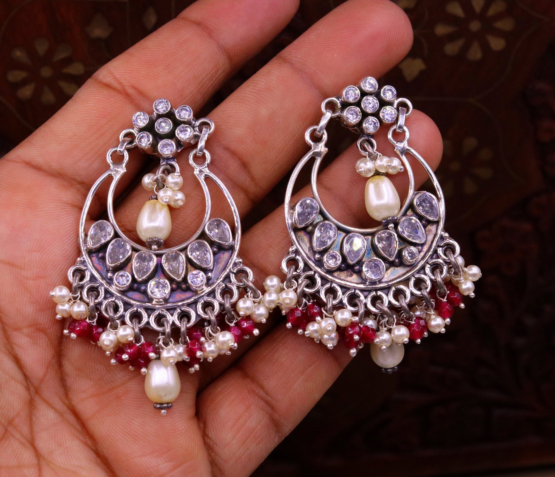925 sterling silver handmade cubic zircon stone stud earring drop dangling, best design charm earrings hanging tiny pearl jewelry s713 - TRIBAL ORNAMENTS