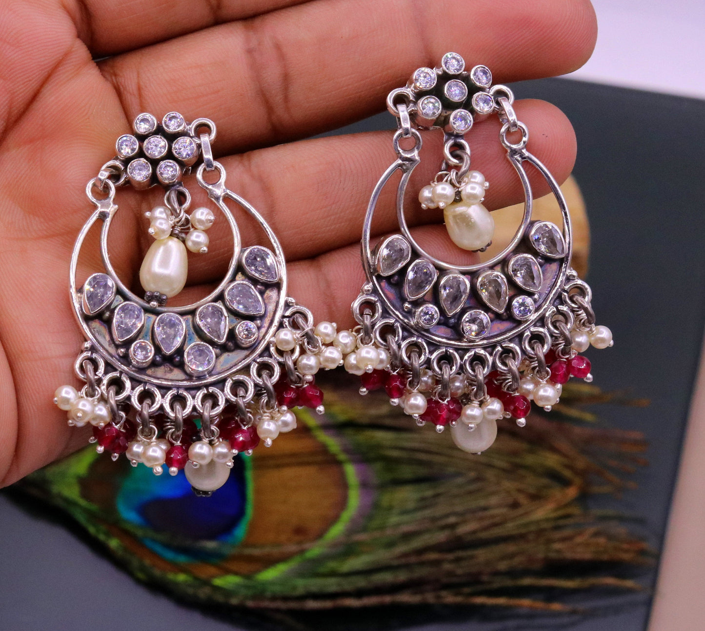 925 sterling silver handmade cubic zircon stone stud earring drop dangling, best design charm earrings hanging tiny pearl jewelry s713 - TRIBAL ORNAMENTS