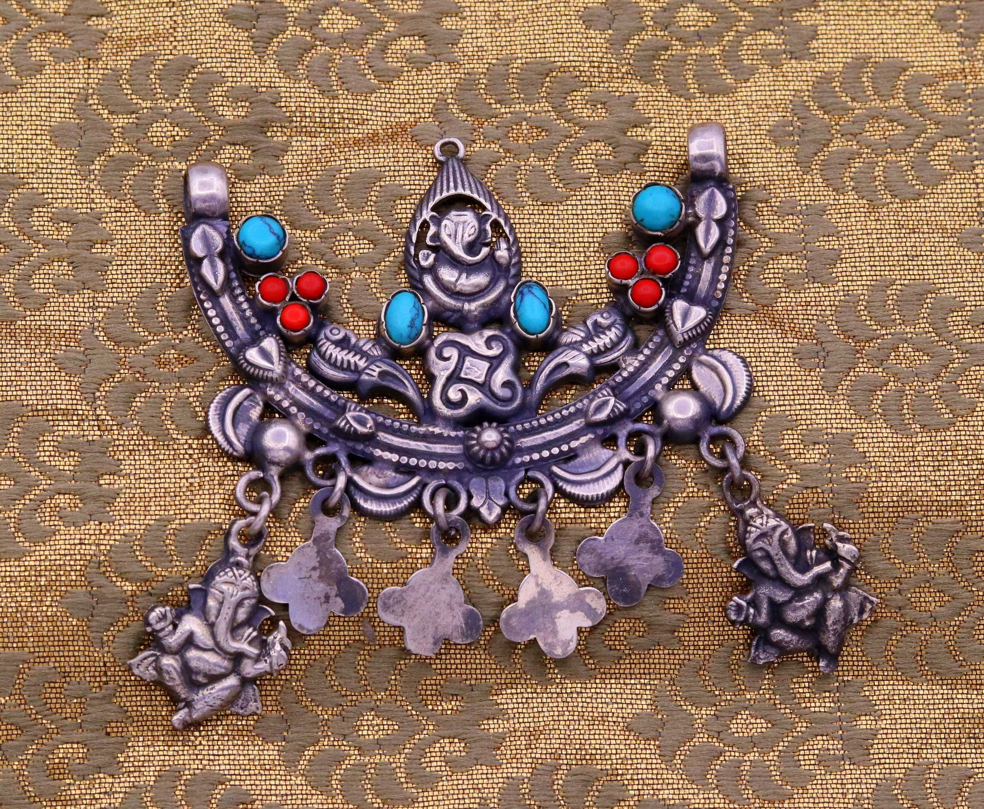 925 Sterling silver handmade vintage ethnic Ganesha design pendant amazing turquoise coral stone pendant tribal belly dance jewelry nsp298 - TRIBAL ORNAMENTS