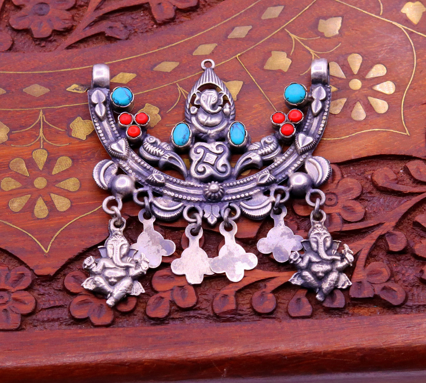 925 Sterling silver handmade vintage ethnic Ganesha design pendant amazing turquoise coral stone pendant tribal belly dance jewelry nsp298 - TRIBAL ORNAMENTS