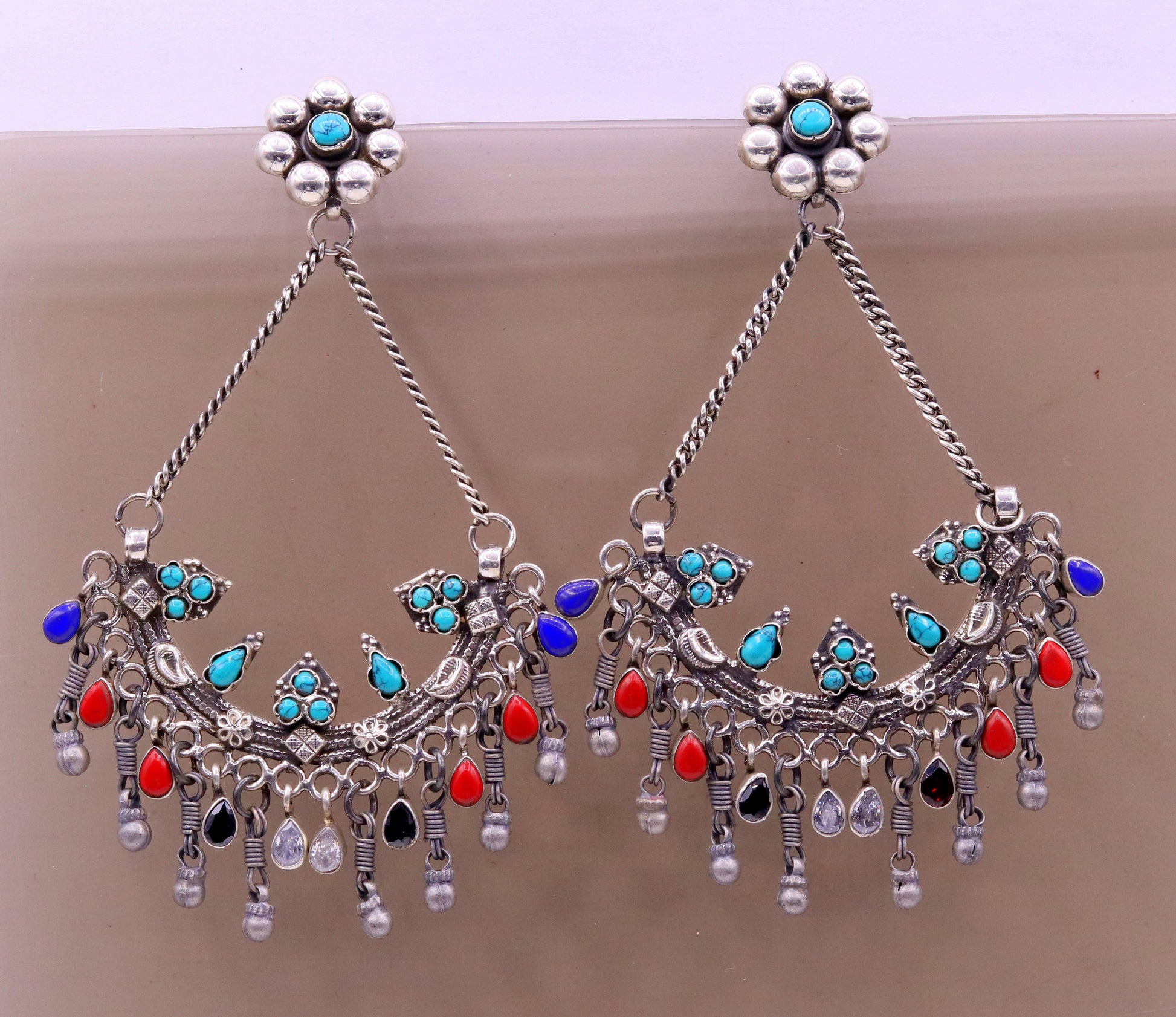 925 sterling silver handmade turquoise and coral stone fabulous long charm earring stud, drop dangle chandbala chandelier style jewelry s724 - TRIBAL ORNAMENTS