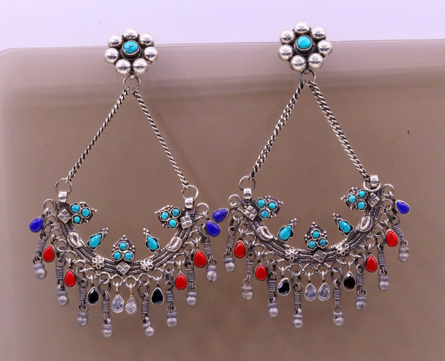 925 sterling silver handmade turquoise and coral stone fabulous long charm earring stud, drop dangle chandbala chandelier style jewelry s724 - TRIBAL ORNAMENTS