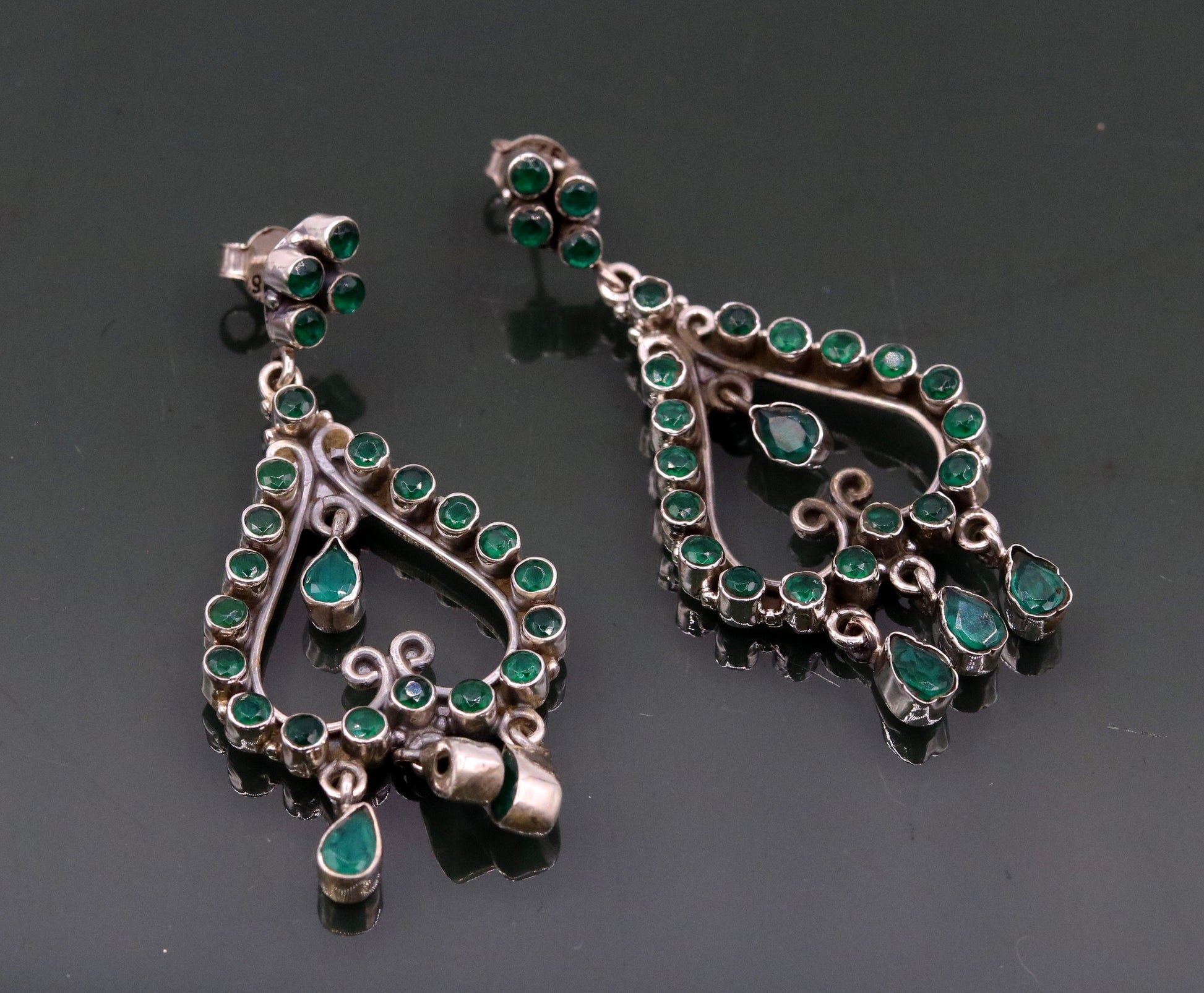 925 sterling silver pretty attractive Green onyx handmade drop dangle stud earring excellent vintage style girls party jewelry india s728 - TRIBAL ORNAMENTS