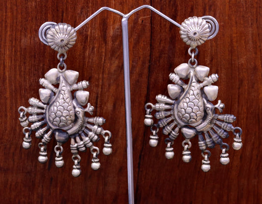 925 sterling silver handmade fabulous peacock stud earring dangle hanging drops bells, vintage design tribal jhumki belly dance jewelry s759 - TRIBAL ORNAMENTS