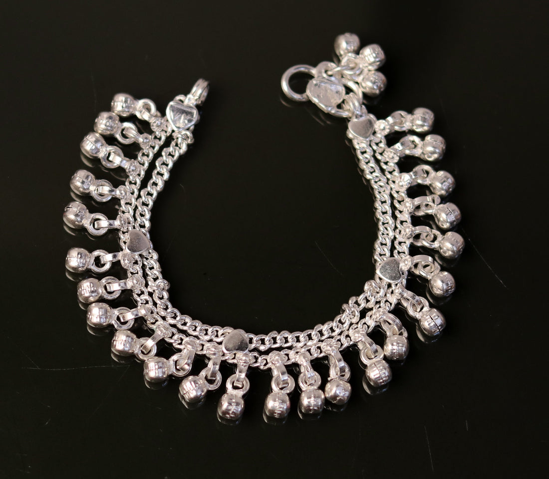 5.5" Handmade vintage antique style sterling silver fabulous noisy jingle bells anklets , new born baby foot bracelet  jewelry  ank193 - TRIBAL ORNAMENTS