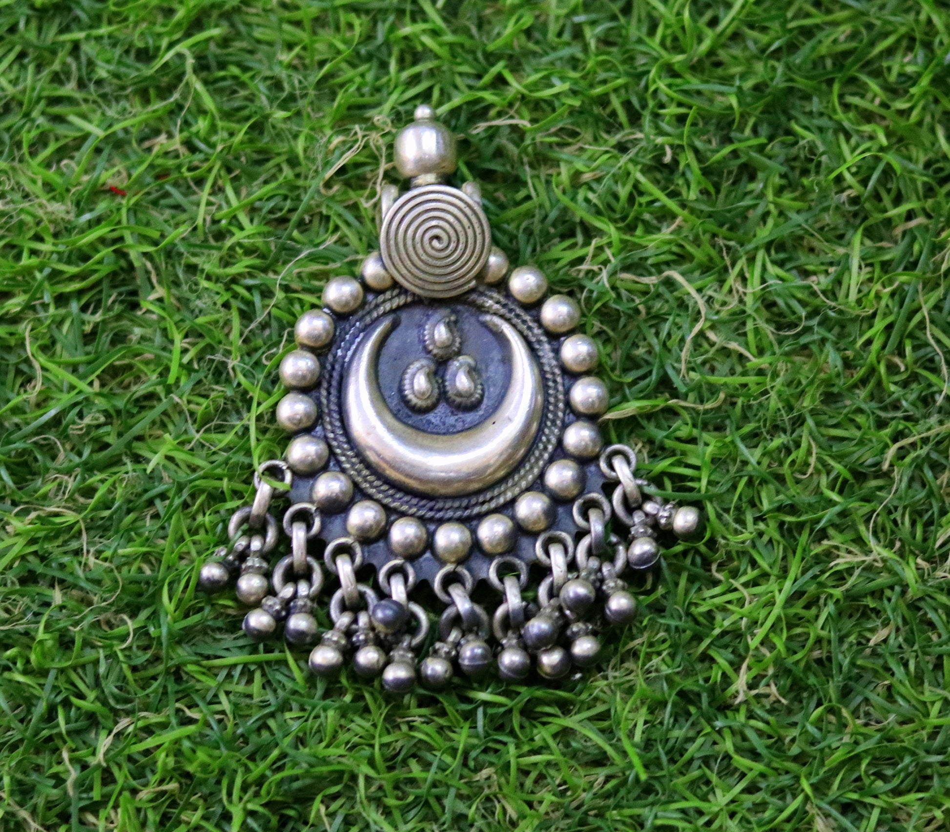 Tribal Ethnic Semi Circle Pendant Charms with Large Loop - Matte Antique  Silver Plated - 2pc