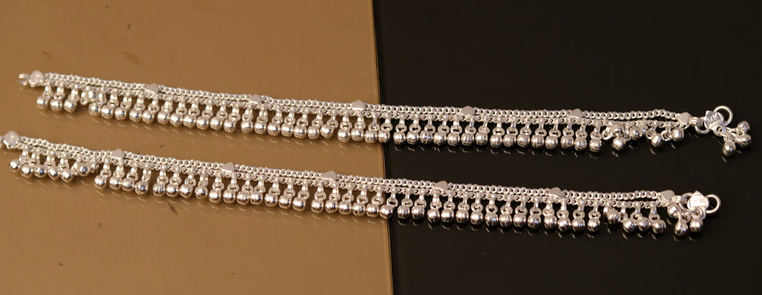 10.5" long handmade sterling silver gorgeous ankle bracelet, nice noisy hanging bells charm anklets for girls women's belly dance ank174 - TRIBAL ORNAMENTS