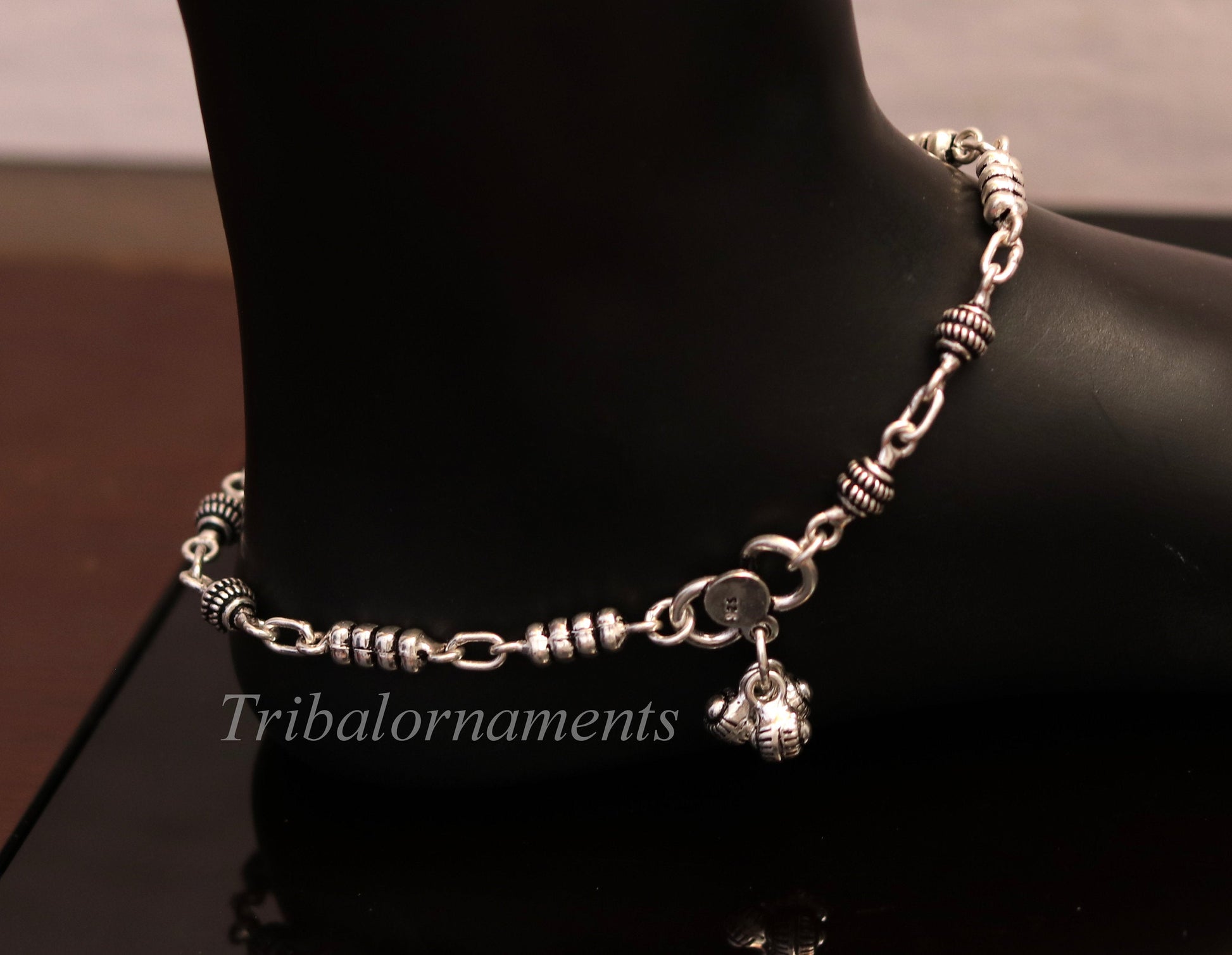 10.5" 925 sterling silver beaded ankle bracelet amazing stylish belly dance anklets gorgeous gifting custom made ankle bracelet ank175 - TRIBAL ORNAMENTS