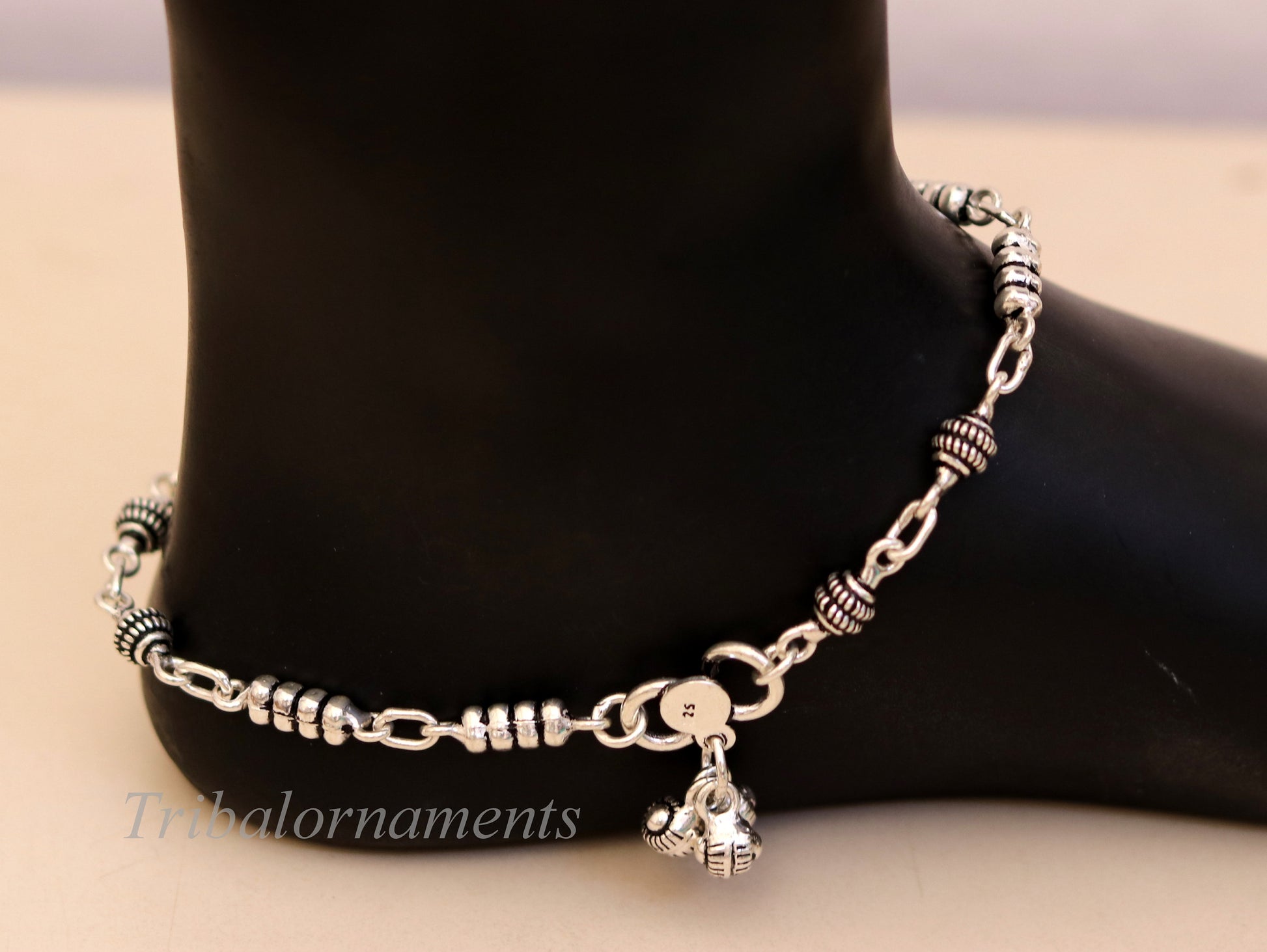 10.5" 925 sterling silver beaded ankle bracelet amazing stylish belly dance anklets gorgeous gifting custom made ankle bracelet ank175 - TRIBAL ORNAMENTS