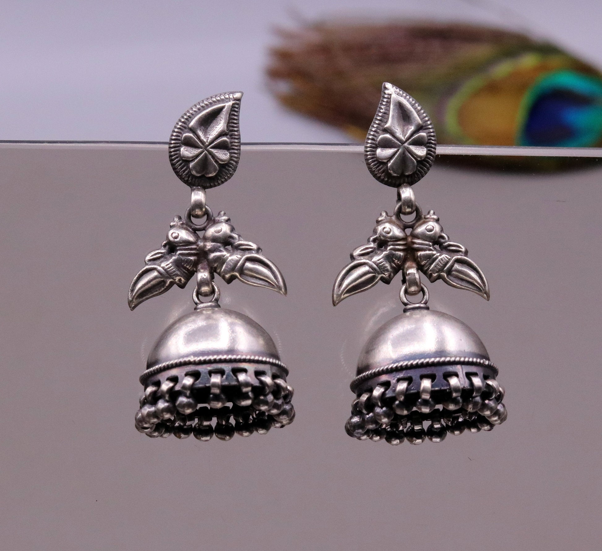 Handcrafted vintage peacock design 925 sterling silver gorgeous stud earring jhumki, drop dangle chandelier style light weight earring s794 - TRIBAL ORNAMENTS