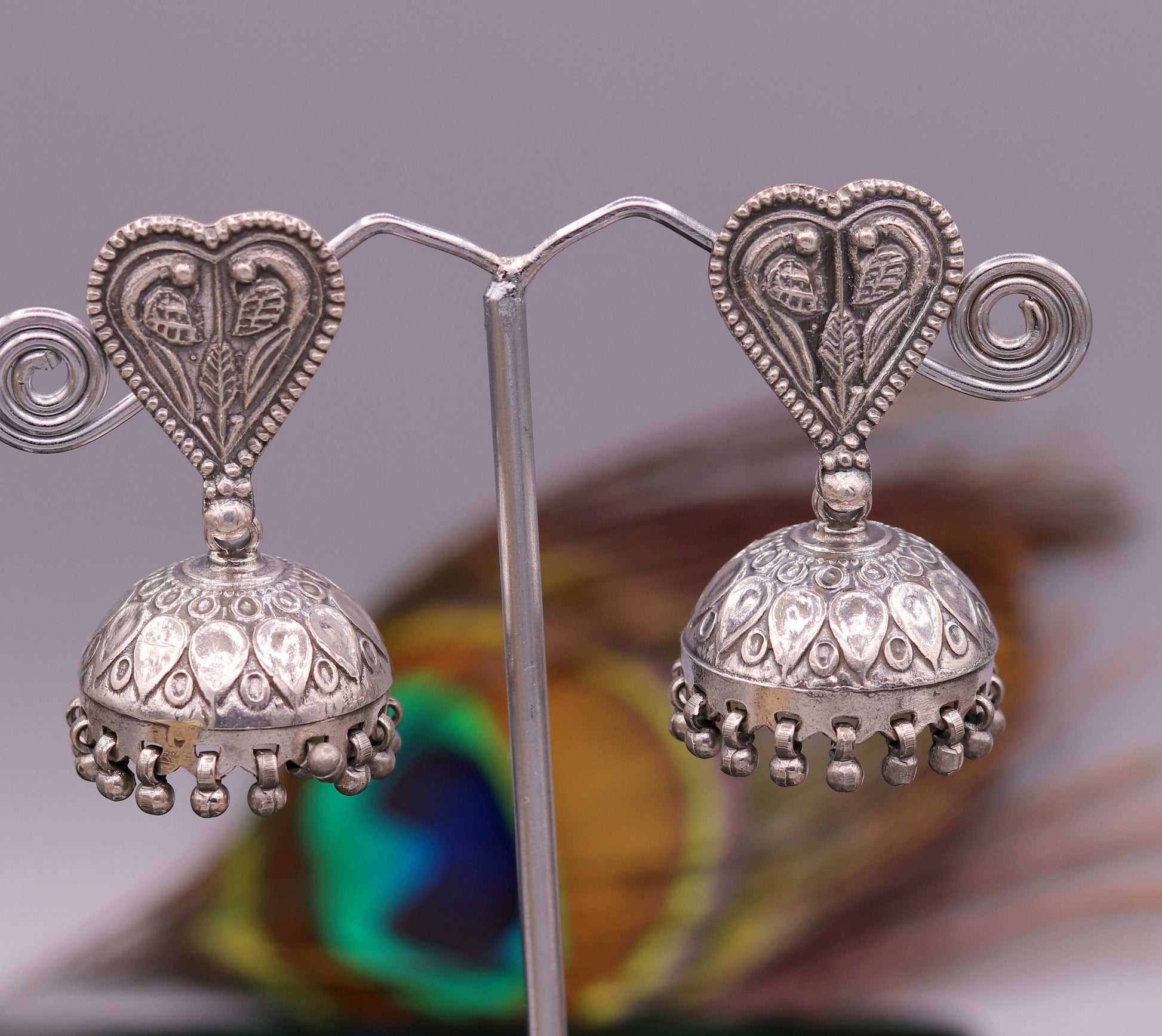 925 sterling silver handcrafted vintage attractive design stud earring jhumki, excellent hanging chandelier jhumki bells tribal jewelry s811 - TRIBAL ORNAMENTS