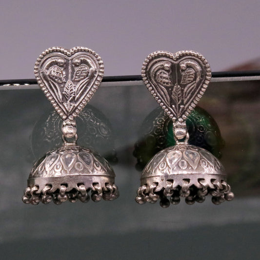 925 sterling silver handcrafted vintage attractive design stud earring jhumki, excellent hanging chandelier jhumki bells tribal jewelry s811 - TRIBAL ORNAMENTS