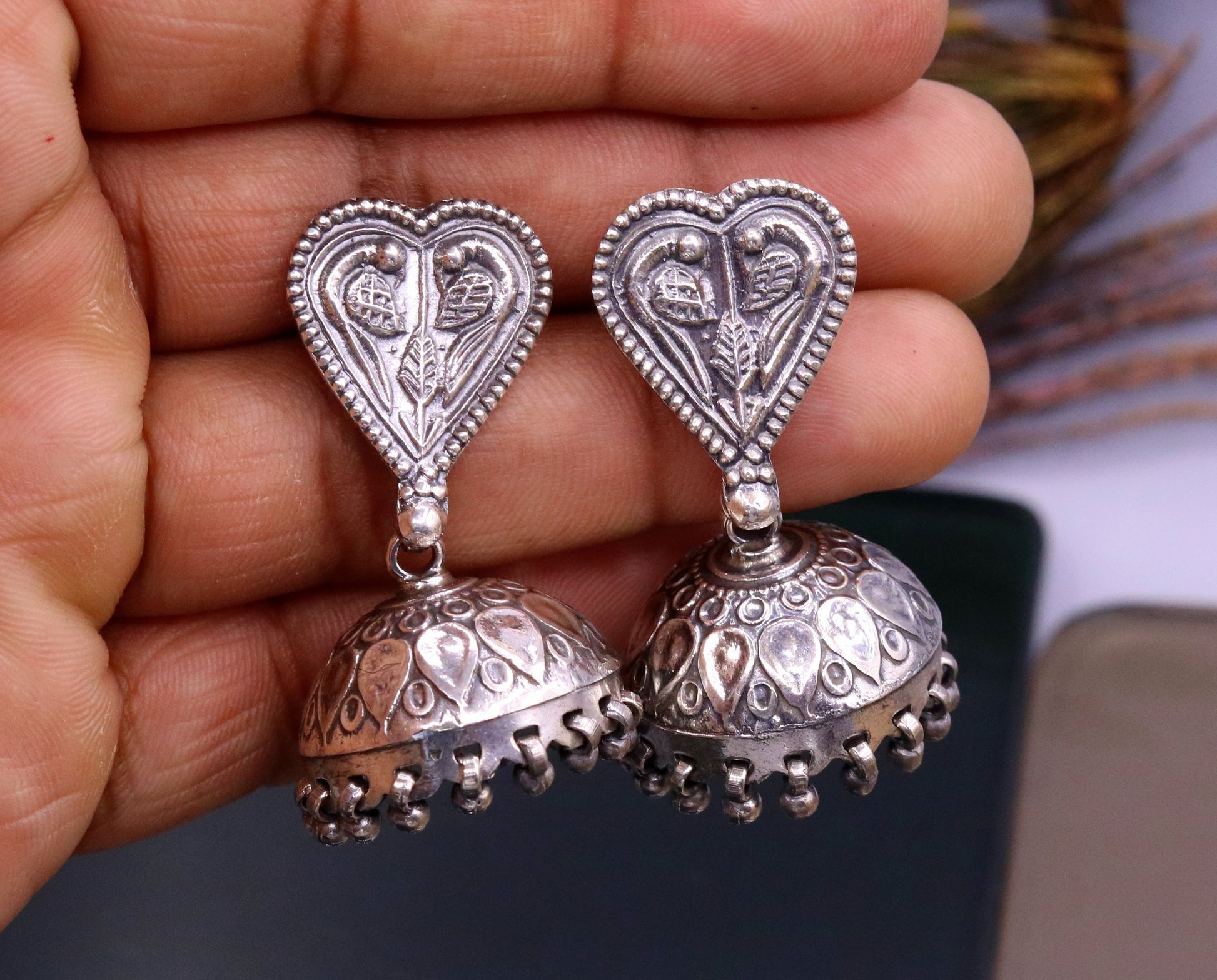 925 sterling silver handcrafted vintage attractive design stud earring jhumki, excellent hanging chandelier jhumki bells tribal jewelry s811 - TRIBAL ORNAMENTS