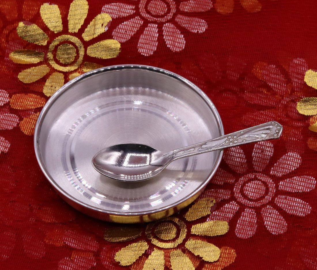 999 pure silver handmade silver baby plate and spoon set, silver has antibacterial properties, keep stay healthy, silver vessels sv08 - TRIBAL ORNAMENTS