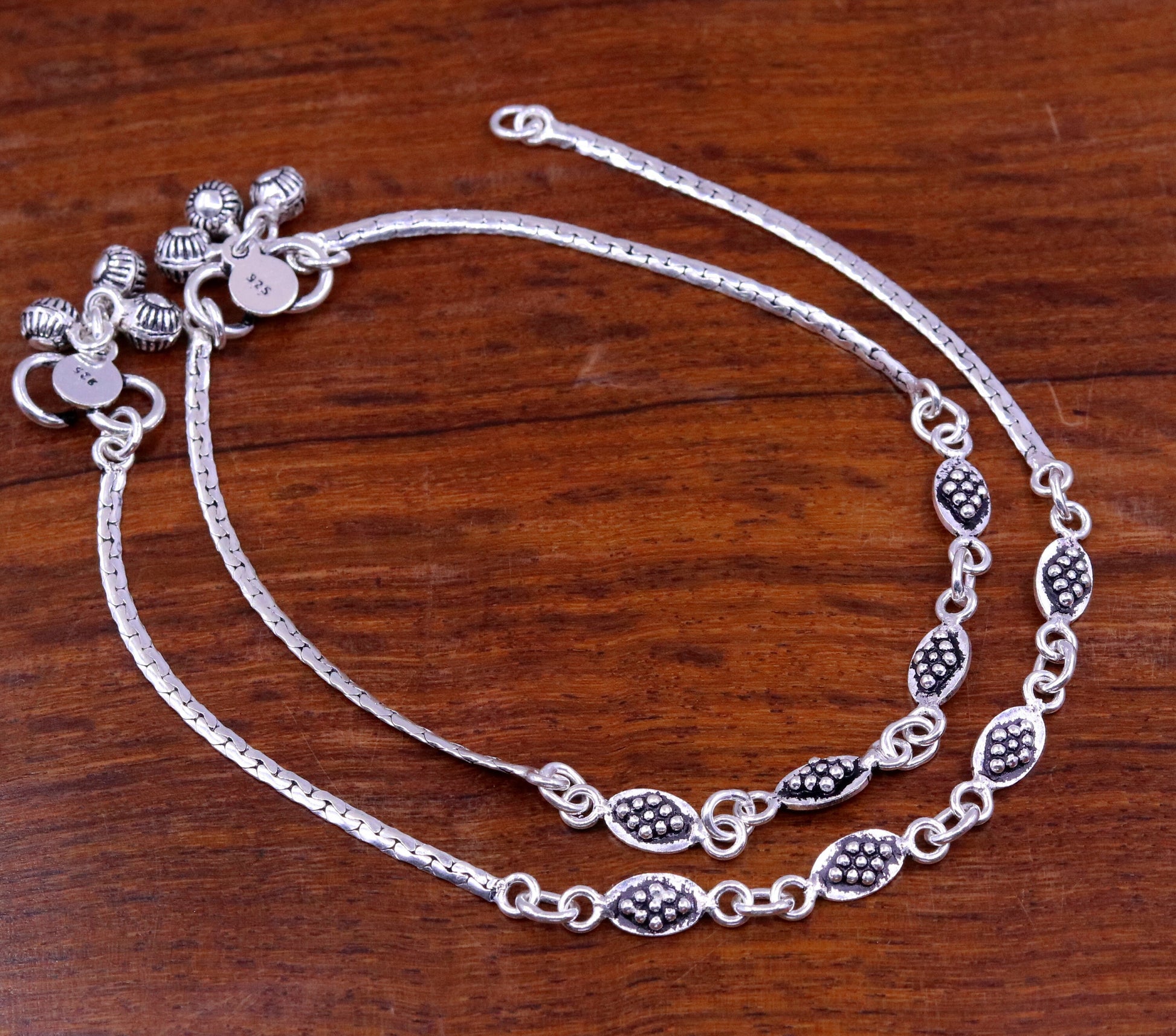 Handmade 925 sterling silver gorgeous anklets pair, excellent feet bracelet,stylish trendy oxidized design ankle charm bracelet india ank91 - TRIBAL ORNAMENTS