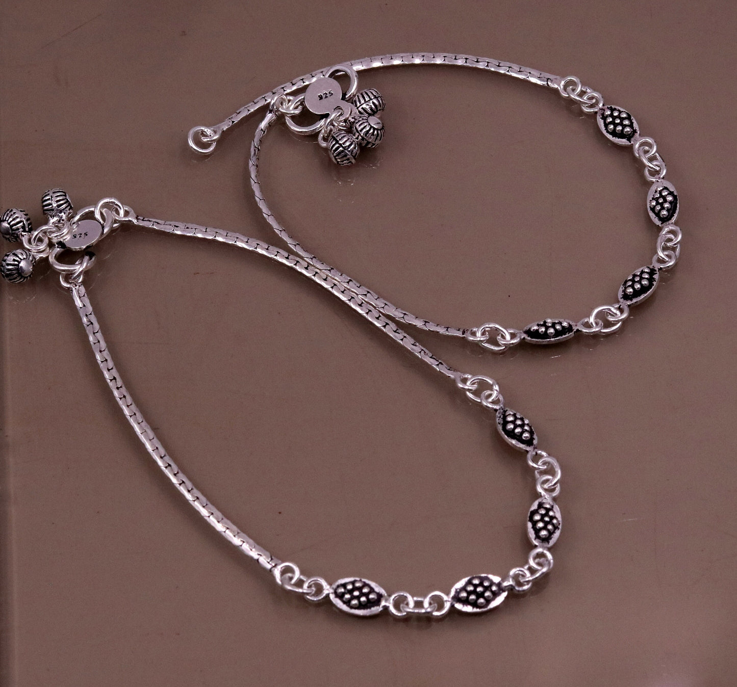 Handmade 925 sterling silver gorgeous anklets pair, excellent feet bracelet,stylish trendy oxidized design ankle charm bracelet india ank91 - TRIBAL ORNAMENTS