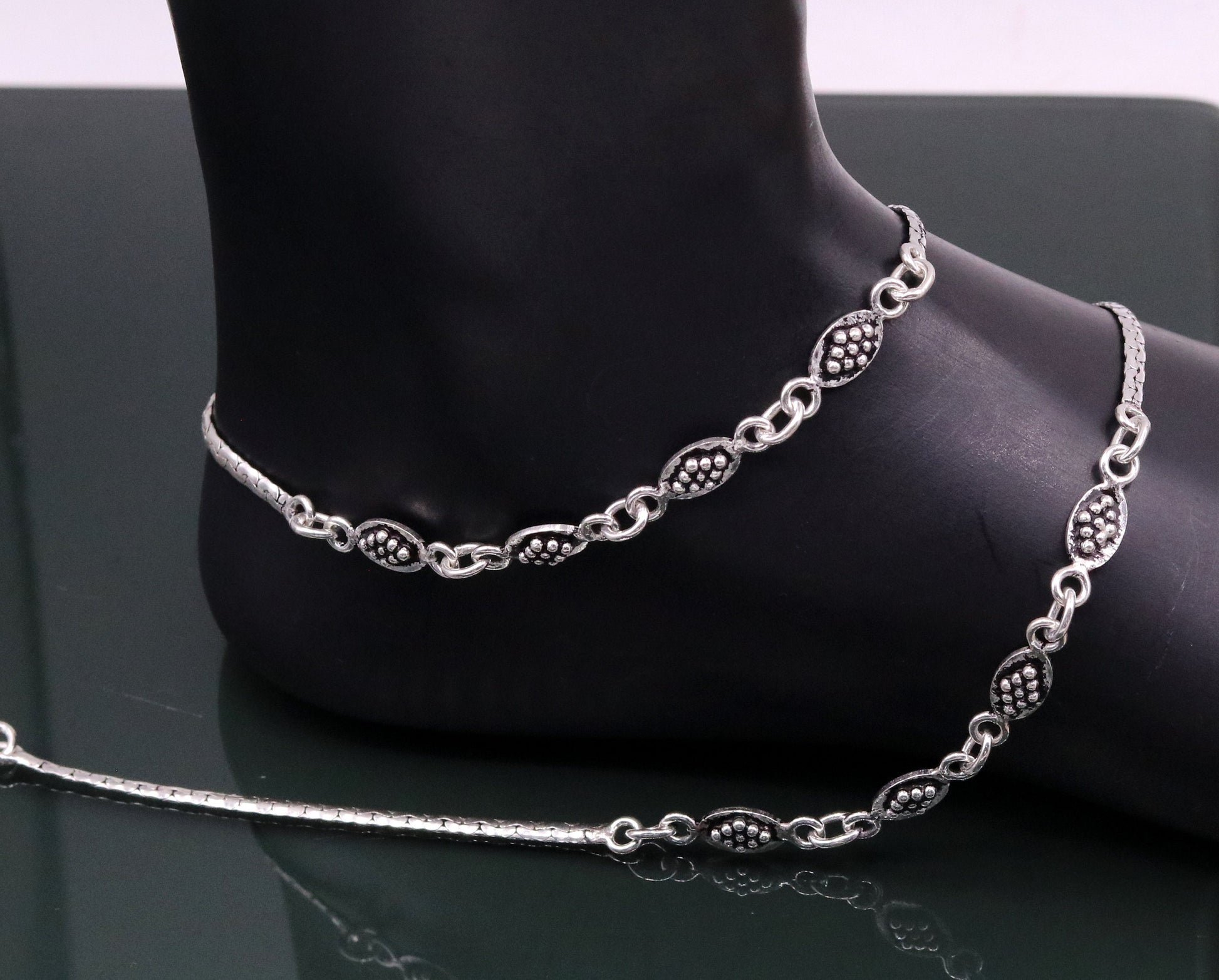 Handmade 925 sterling silver gorgeous anklets pair, excellent feet bracelet,stylish trendy oxidized design ankle charm bracelet india ank91 - TRIBAL ORNAMENTS