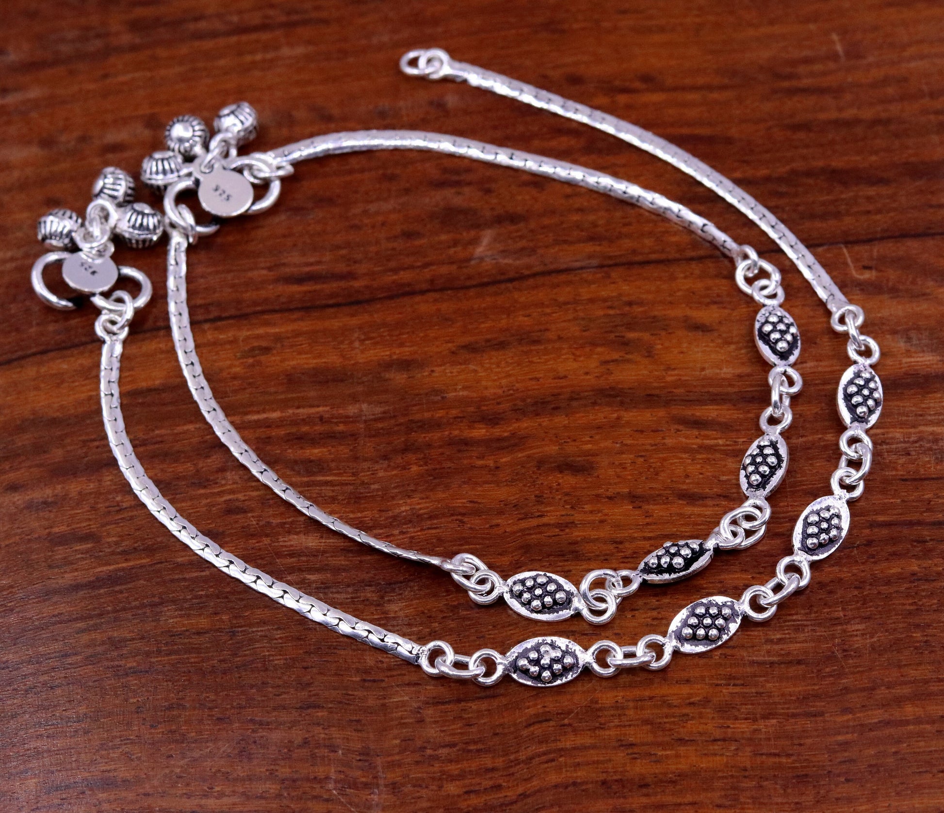 Handmade 925 sterling silver gorgeous anklets pair, excellent feet bracelet,stylish trendy oxidized design ankle charm bracelet india ank91 - TRIBAL ORNAMENTS