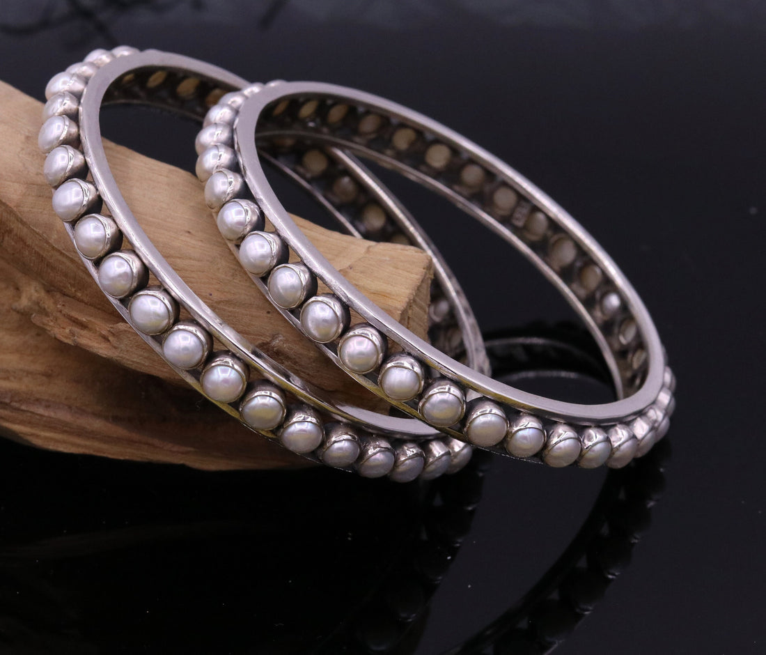 925 sterling silver gorgeous pearl bangle bracelet, fabulous oxidized customized bridal made gifting single bangle jewelry from india ba53 - TRIBAL ORNAMENTS