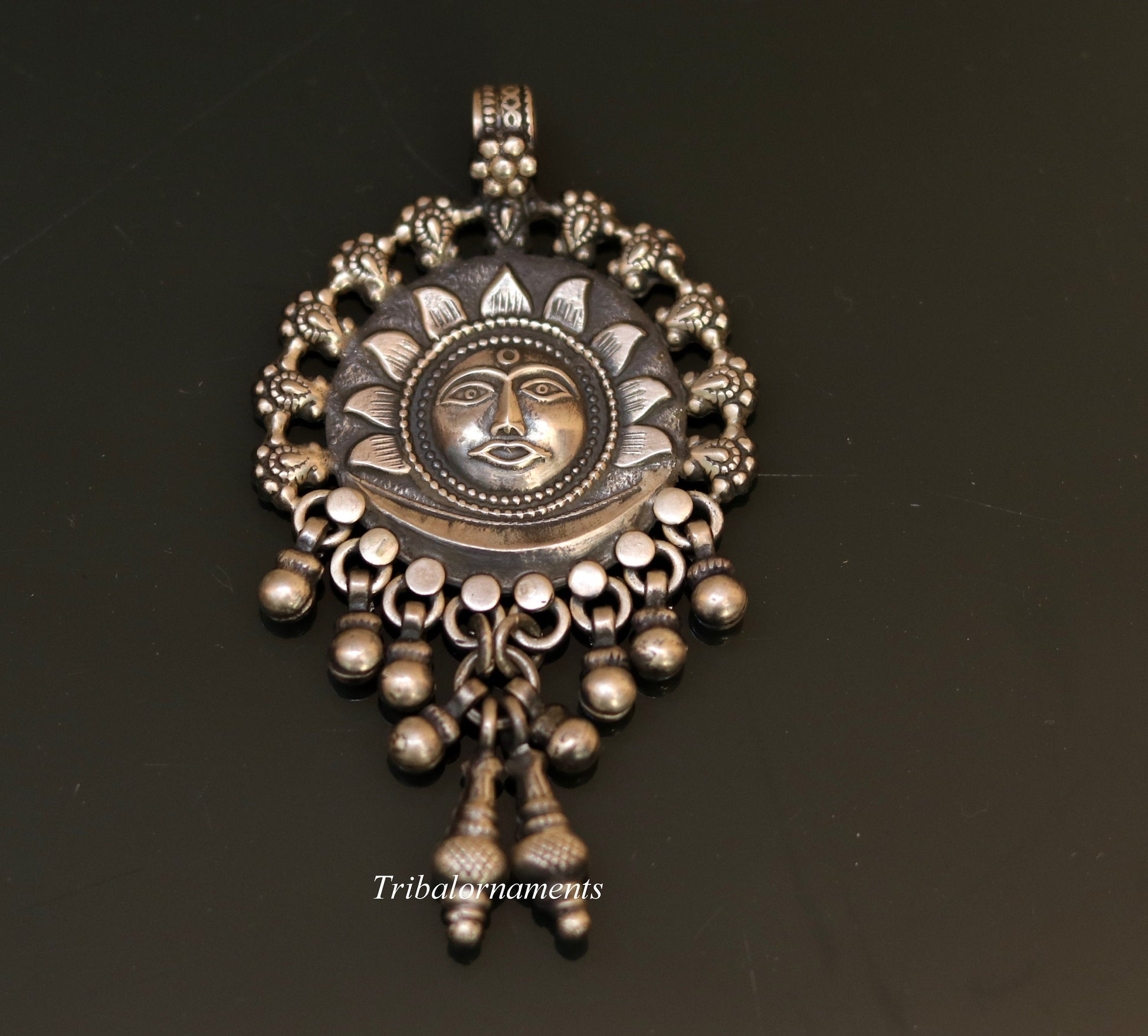 925 solid sterling silver handmade amazing sun face design customized tribal pendant necklace with fabulous hanging bells jewelry nsp70 - TRIBAL ORNAMENTS