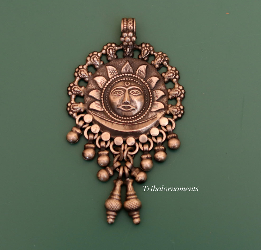 925 solid sterling silver handmade amazing sun face design customized tribal pendant necklace with fabulous hanging bells jewelry nsp70 - TRIBAL ORNAMENTS