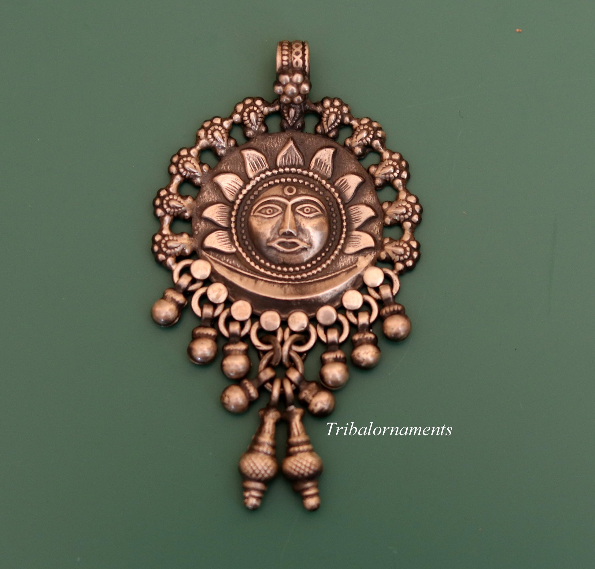 925 solid sterling silver handmade amazing sun face design customized tribal pendant necklace with fabulous hanging bells jewelry nsp70 - TRIBAL ORNAMENTS