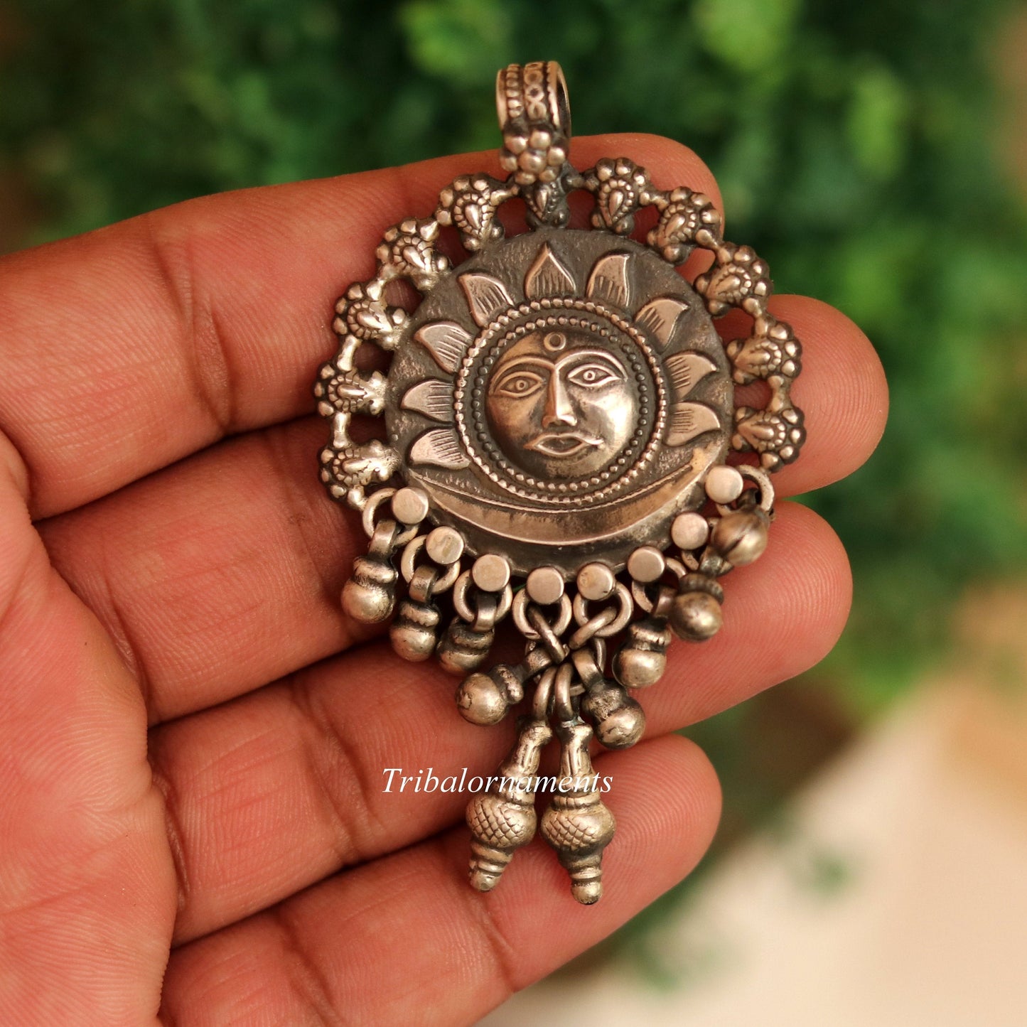 925 solid sterling silver handmade amazing sun face design customized tribal pendant necklace with fabulous hanging bells jewelry nsp70 - TRIBAL ORNAMENTS