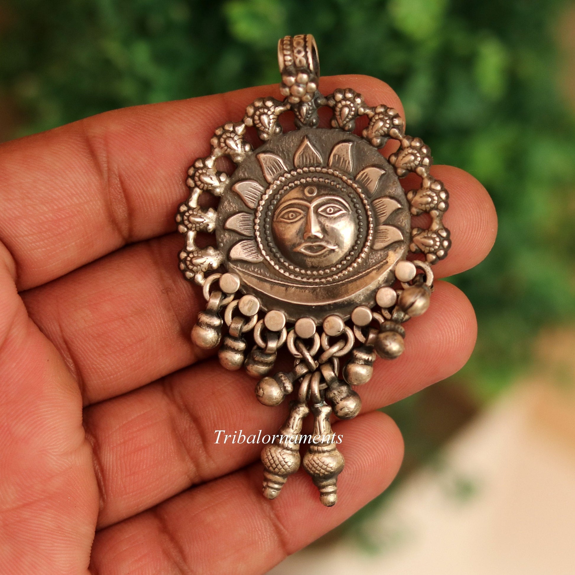 925 solid sterling silver handmade amazing sun face design customized tribal pendant necklace with fabulous hanging bells jewelry nsp70 - TRIBAL ORNAMENTS