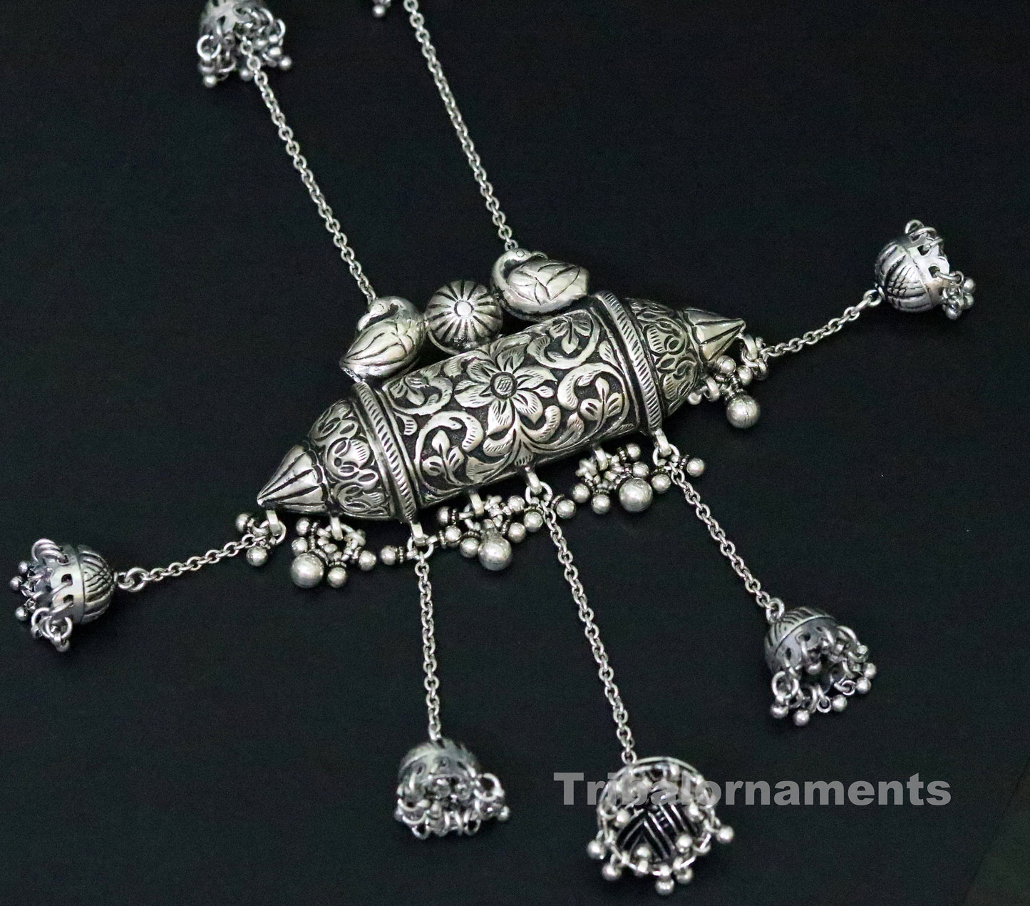 32" long handmade 925 sterling silver gorgeous necklace bridal queen made charm necklace pretty chandelier jhumki style jewelry set116 - TRIBAL ORNAMENTS