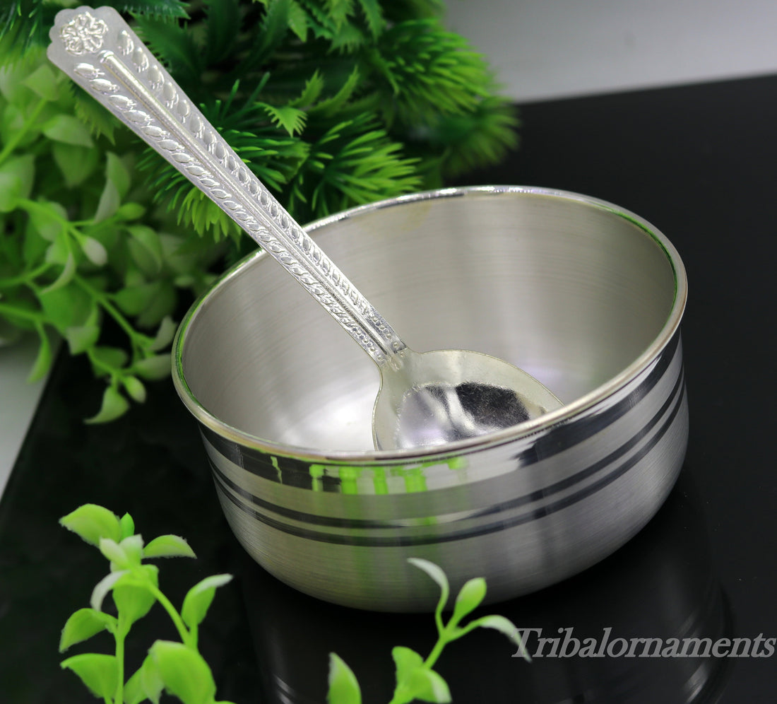 999 pure fine silver handmade solid bowl and spoon, silver baby utensils, stay healthy kids/baby for using silver vessels sv25 - TRIBAL ORNAMENTS