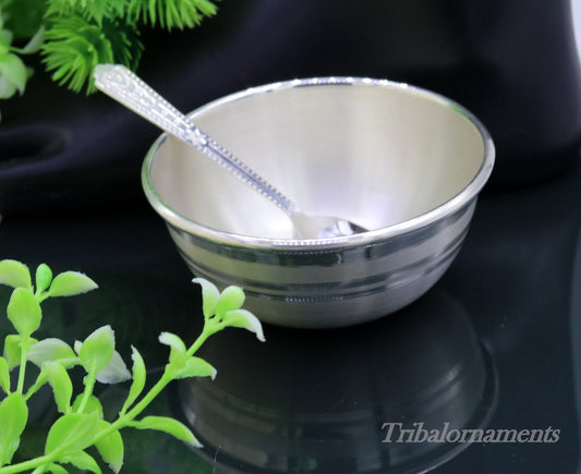 Handmade 999 fine solid silver bowl tray for baby food, pure silver vessels, silver utensils, home and kitchen accessories india sv27 - TRIBAL ORNAMENTS