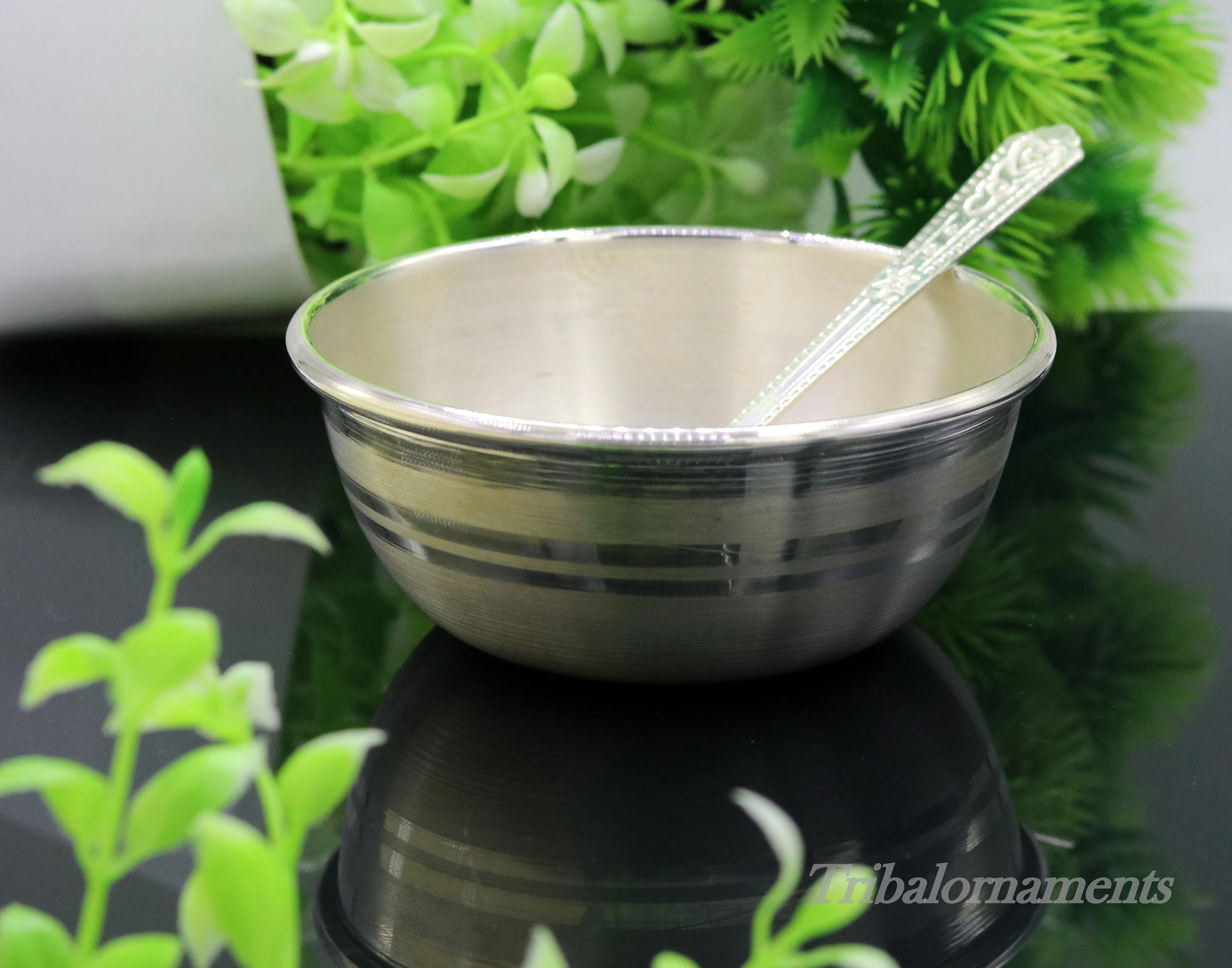 Handmade 999 fine solid silver bowl tray for baby food, pure silver vessels, silver utensils, home and kitchen accessories india sv27 - TRIBAL ORNAMENTS